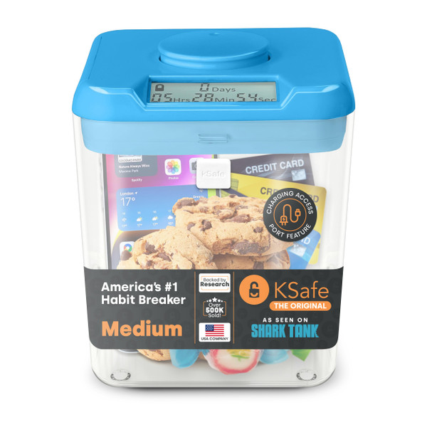 Cell Phone Lock Box w/Timer - Phone Jail Timed Lock Box - KSafe Time Lock Box for Snacks, Food & Cell Phone - Safe Box w/Timer & Snack Lock Box (Medium, Blue Lid + 5.5” Clear Base w/Access Port) Cell Phone Lock Box w/Timer - Phone Jail Timed Lock Box - KSafe Time Lock Box for Snacks, Food & Cell Phone - Safe Box w/Timer & Snack Lock Box (Medium, Blue Lid + 5.5” Clear Base w/Access Port)