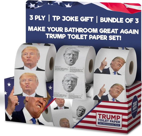 Gagster Donald Trump Toilet Paper - 3 Ply Funny Novelty Gag, 200 Sheets, Prank Gift Pack (2 Rolls Trump Images, 1 Roll Funniest Tweets) 3-pack