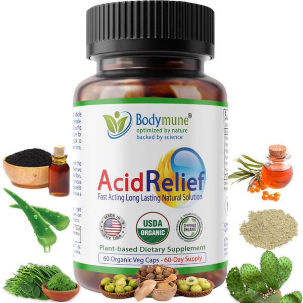 Bodymune AcidRelief Acid Tamer | Promotes Stomach Comfort & Digestive Wellness* | Organic Herbal Blend for Gut Health* | 60 Capsules | Made in USA, USDA Organic, Vegan, Non-GMO, Gluten-Free