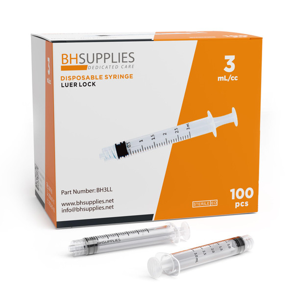 BH Supplies 3ml Luer Lock Tip Syringes (No Needle) - Sterile, Individually Wrapped - 100 Syringes
