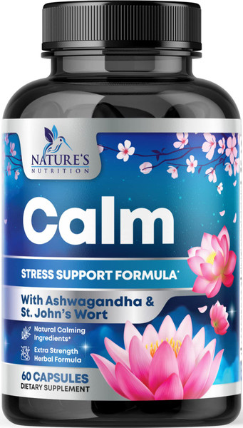 Natural Calm, Unwind & Relax Support - Ashwagandha, GABA, Magnesium, L-Theanine & More - Natural Focus, Energy & Immune Support - Nature's Non-GMO, Vegan, Gluten Free, Bottled in USA - 120 Capsules