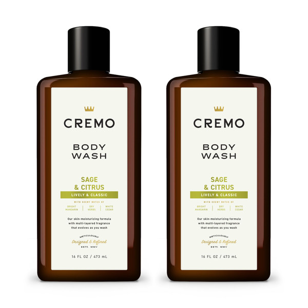 Cremo Rich-Lathering Sage & Citrus Body Wash, A Revitalizing Combination of Bright Mandarin, Dry Herbs and White Cedar, 16 Fl Oz (2-Pack)