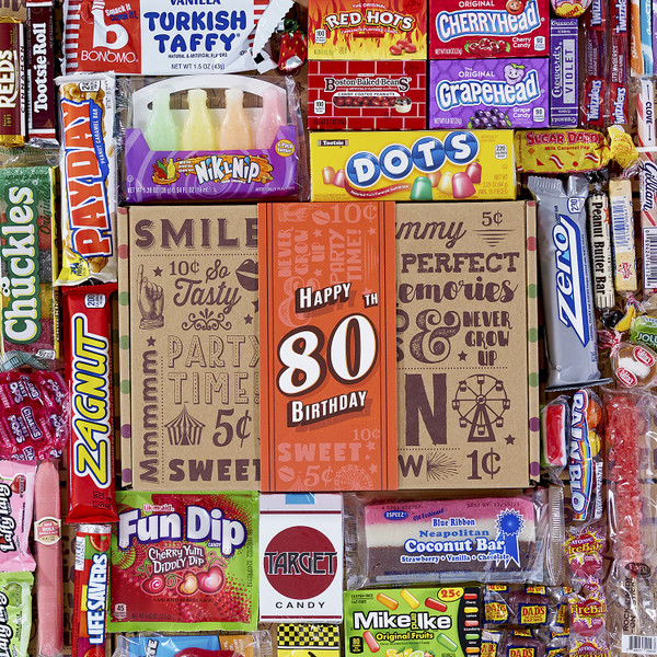 Vintage Candy Co. 80th Birthday Retro Candy Gift Basket - 1945 Party Assortment - Nostalgic Candy and Sweet Snacks Care Package Gift for Men and Women Turning 80 Years Old