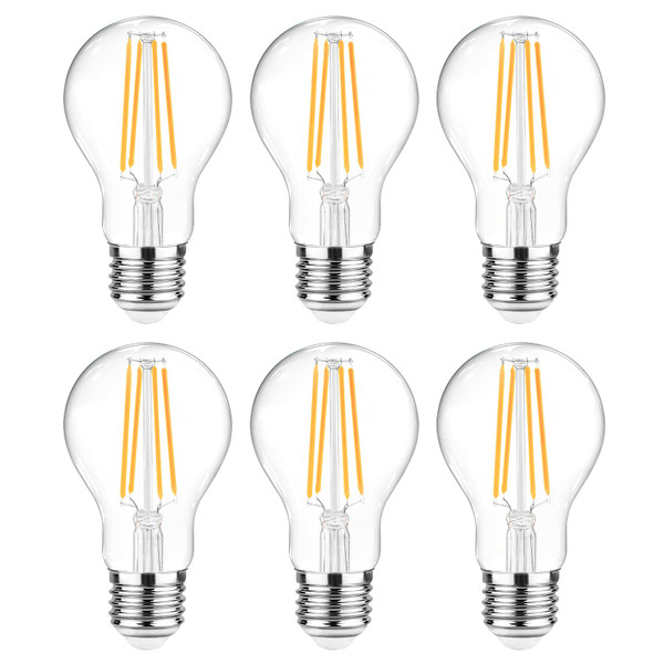 Ascher 60 Watt Equivalent, E26 LED Filament Light Bulbs, Warm White 2700K, Non-Dimmable, Classic Clear Glass, A19 LED Light Bulb with 80 CRI, Pack of 6