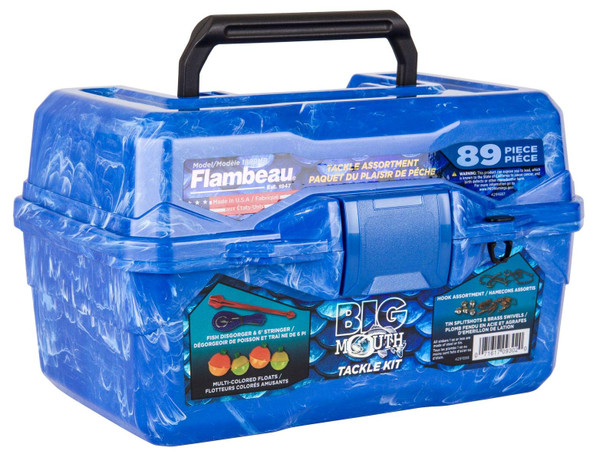 Flambeau Outdoors 355BMR Big Mouth Tackle Box 89-Piece Kit, Complete Starter Fishing Tackle Kit with Stringer, Hooks, Bobbers and more - Pearl Blue Swirl