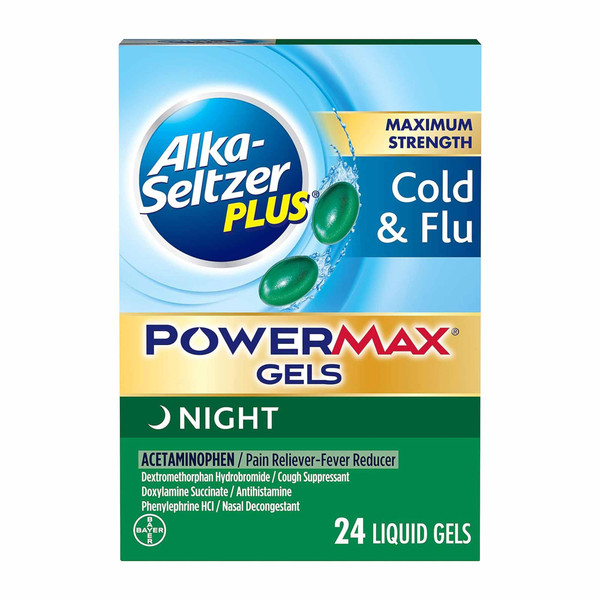 Alka-seltzer Plus Cold & Flu, Power Max Cold and Flu Medicine, Night, For Adults with Pain Reliever, Fever Reducer, Cough Suppresant, Nasal Decongestant, Antihistamine, 24 Count