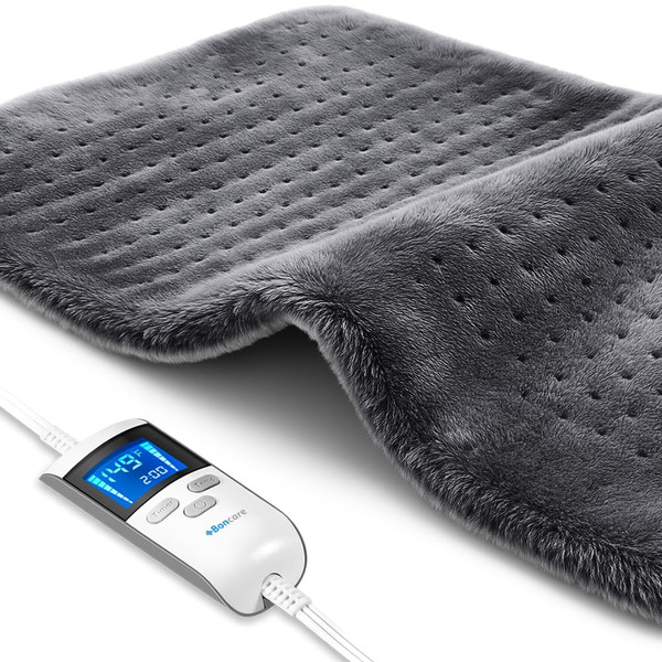 Boncare® LCD Digital Control 12” x 24” Heating Pad for Back Pain Relief and Cramps with Auto Shut off Large Size 6 Temperature Settings 6 Timers Super Soft Velvet Moist / Dry Hot Heat Pad (Dark Gray)