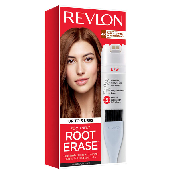 Revlon Permanent Hair Color, Permanent Hair Dye, At-Home Root Erase with Applicator Brush for Multiple Use, 100% Gray Coverage, Dark Auburn/ Reddish Brown (4R), 3.2 Fl Oz