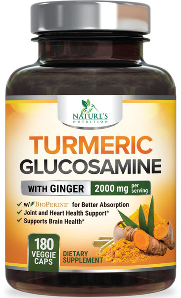 Turmeric Curcumin Supplement 2000mg - 95% Curcuminoids with Glucosamine, Ginger & MSM, BioPerine Black Pepper for Best Absorption, Nature's Vegan Joint Support, Non-GMO, Bottled in USA - 180 Capsules