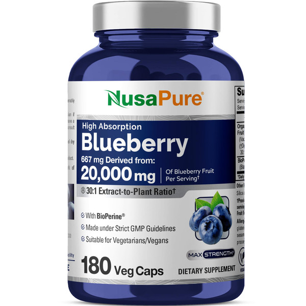 NusaPure Blueberry Concentrate 30:1 Extract, 667 mg Equivalent to 20,000 mg 180 Veg Caps Suitable for Vegetarian, Vegan, Non-GMO