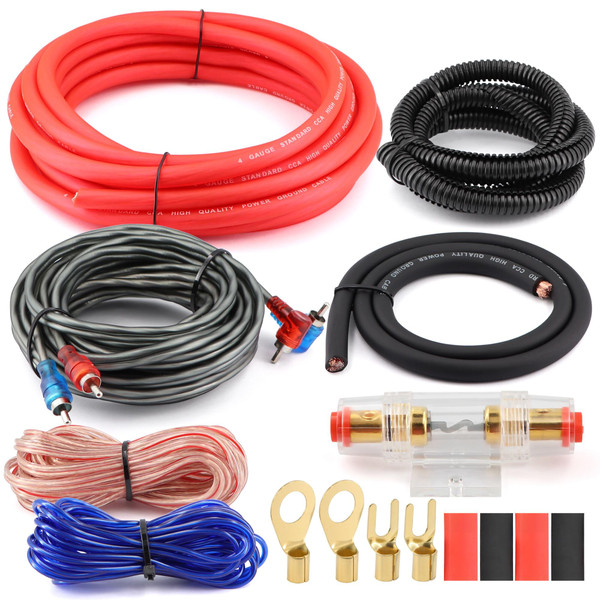4 Gauge CCA Amplifier Wiring Kit Complete - 1000W Car Audio Amp Install Kit w/Power Ground Wire, RCA Cables, Speaker Wire, Capacitor & Distro Block for Subwoofer Stereo Systems