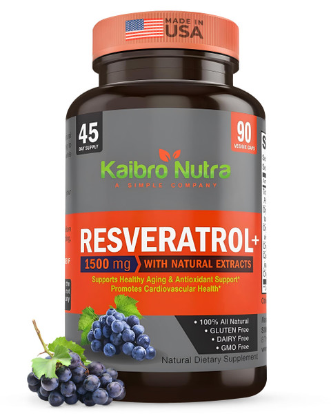 Kaibro Nutra Resveratrol Supplement, 1500mg Extra Strength Trans Resveratrol, Quercetin with Japanese Knotweed Extracts, Anti-Aging, Radiant Skin and Immunity Support, Vegan & Non-GMO, 90 Capsules
