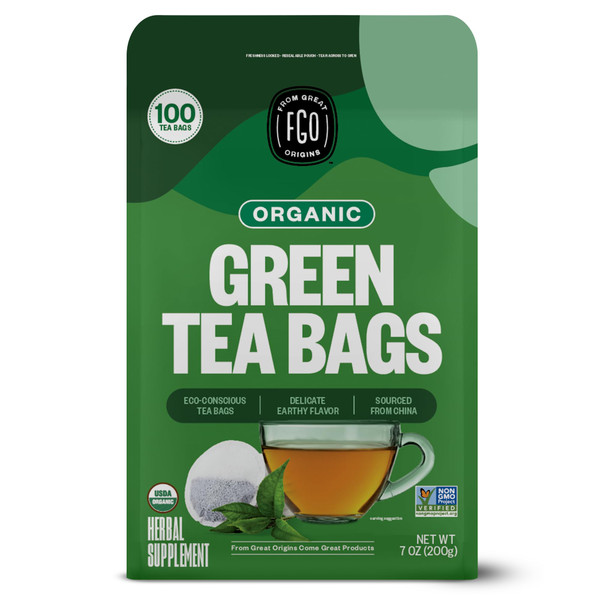 FGO Organic Green Tea, 100 Count Eco-Conscious Tea Bags, Caffeinated, Resealable Pouch, Packaging May Vary (Pack of 1)