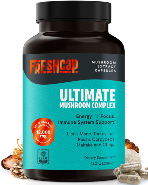 FreshCap Mushrooms Ultimate Mushroom Supplement 12,000mg - Mushroom Complex Capsules, Organic Supplement Ayurveda (120 Capsules)