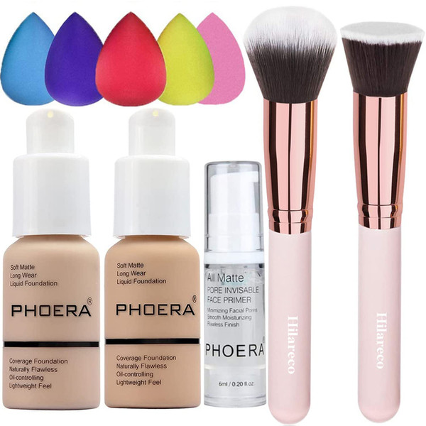 PHOERA Foundation & Face Primer Set, Full Coverage, Matte Finish, Oil Control Concealer (102 Nude + 104 Buff Beige)