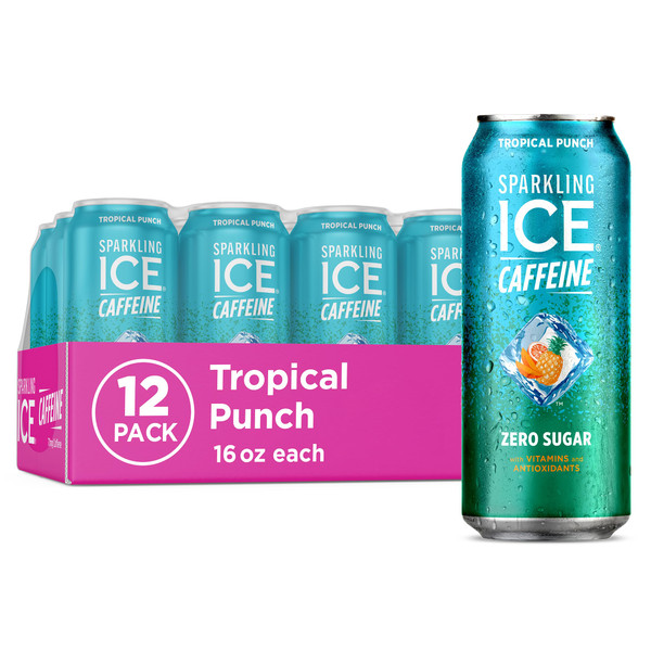 Sparkling Ice Caffeine Tropical Punch Sparkling Water with Caffeine, Zero Sugar, with Antioxidants and Vitamins,16 fl oz Cans (Pack Of 12)