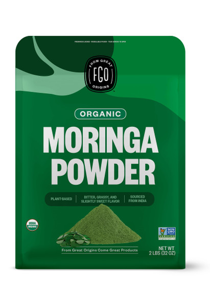 FGO Organic Moringa Oleifera Leaf Powder, 32oz Bulk Resealable Pouch, Sourced from India, Non-GMO, Packaging May Vary (Pack of 1)