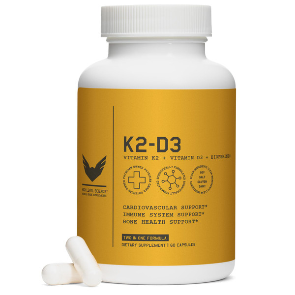 High Level K2D3, Vitamin K2 & D3 Supplement with BioPerine Black Pepper, Dual Action Complex for Heart, Bone, Immune Support, 5000 IU D3, 100 mcg K2, Vegetarian, 60 Veggie Capsules