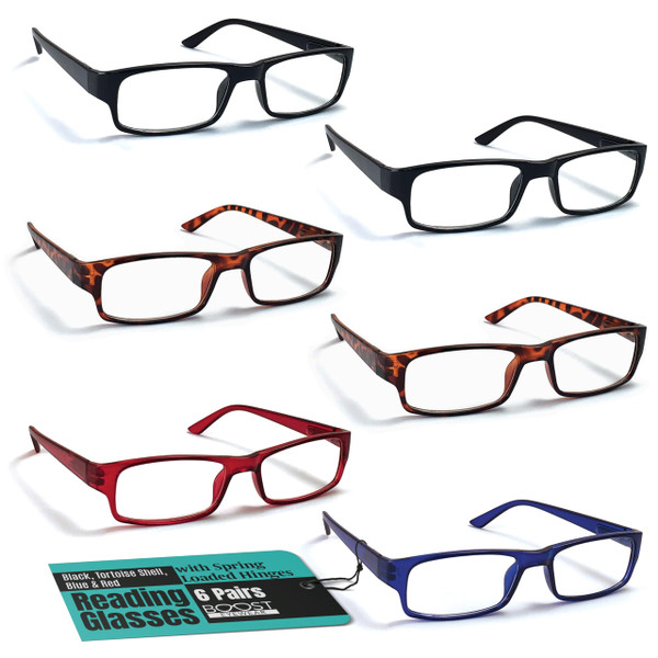 Boost Eyewear Reading Glasses, 6 Pairs with Spring Hinges in Black, Tortoise, Blue, Red - For Men, Women (+1.50)