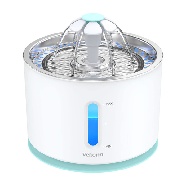 Vekonn 2.4L/84oz Cat Water Fountain Stainless Steel Top, Pet Water Fountain for Small Dog and Cat with LED Light and Water Level Window (Green)