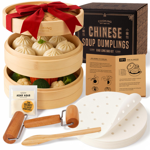 Cooking Gift Set Co. Bamboo Steamer Basket Soup Dumpling Kit - 2 Tier 8-Inch Dumpling Steamer for Cooking with Agar Agar, Roller, Spoon, Liners, Recipes & Step-by-Step Video (6-Piece Set)