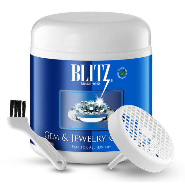 Blitz Gem & Jewelry Cleaner Cleaning Liquid for Gold, Silver, & Platinum Jewelry Cleans Precious & Semi-Precious Gemstones. Nontoxic, Non-Abrasive, & Planet Friendly, 8oz Jar With Concentrate Packet