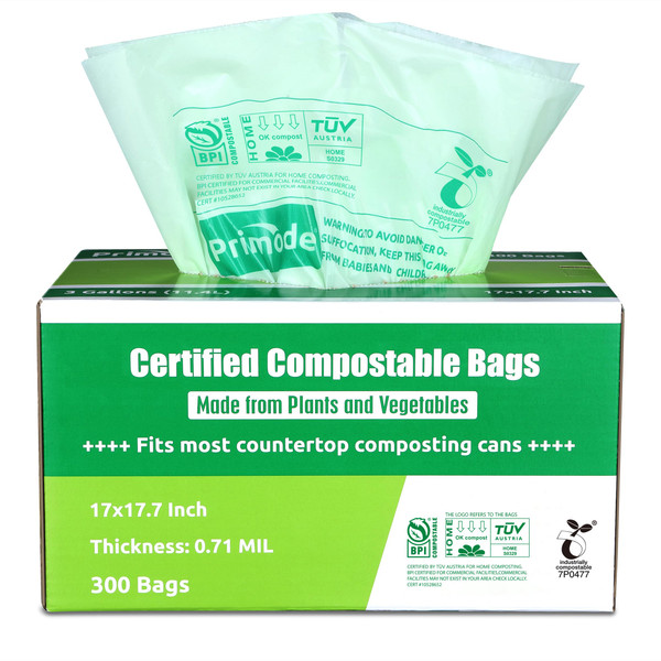 Primode Compostable Trash Bags, Food Scraps Yard Waste Bags,Extra Thick 0.71 Mil. ASTMD6400 Compost Bags Small Kitchen Bin Bags, Certified By BPI and TÜV AUSTRIA (3 Gallon) Primode Compostable Trash Bags, Food Scraps Yard Waste Bags,Extra Thick 0.71 Mil. ASTMD6400 Compost Bags Small Kitchen Bin Bags, Certified By BPI and TÜV AUSTRIA (3 Gallon)