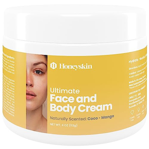 Hydrating Face Moisturizer & Body Cream with Manuka Honey - Organic Face Moisturizer & Body Lotion for Extremely Dry Skin - For Itchy Skin, Rosacea Treatment & Eczema Prone Skin (Coconut Mango, 4oz)