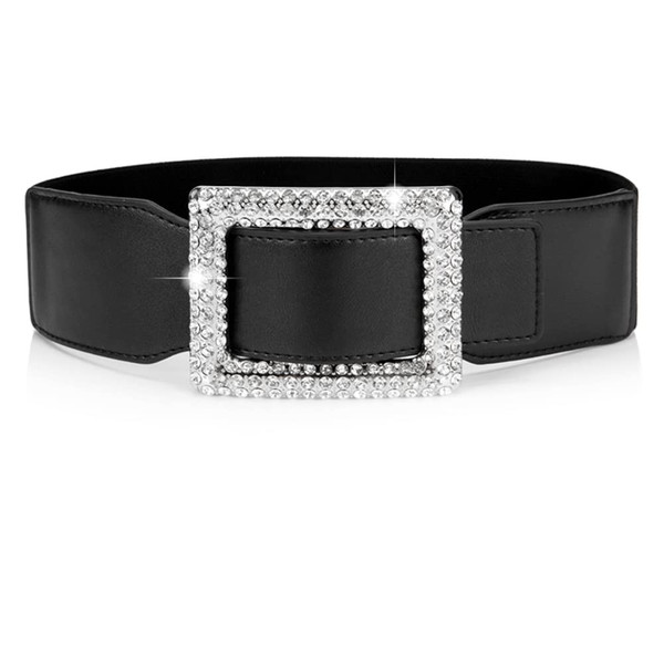 ANNULOYA Bling Bling Rhinestone Women Belt for Dresses Wide Sparkle Elastic Waist Bands Accessory (Free Size, Black)