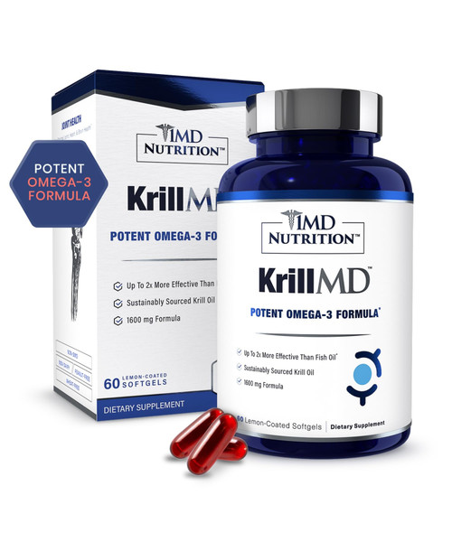 1MD Nutrition KrillMD - Antarctic Krill Oil Omega 3 Supplement with Astaxanthin, EPA, DHA | 2X More Effective Than Fish Oil | 60 Softgels
