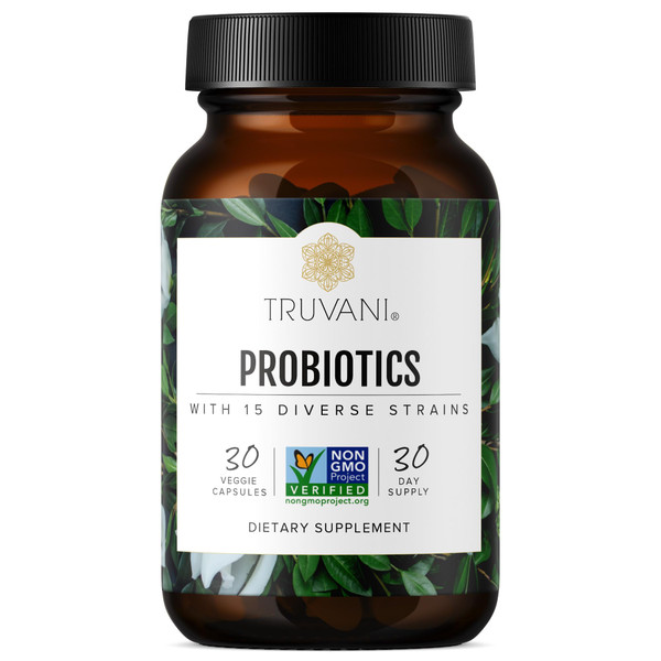 Truvani Probiotic Supplement | 30 Servings | 15 Billion CFU | 15 Diverse Strains for Digestive, Immune & Brain Health Support | Shelf-Stable Vegan Capsules | Non-GMO, No Fillers