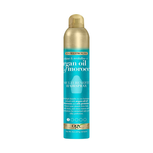OGX Revitalize + Argan Shine Extra Strength Multi-Benefit Heat Protection Hairspray with Argan Oil & Silk Proteins, Tame Frizz & Non-Greasy Shine, Morocco, 8 Ounce