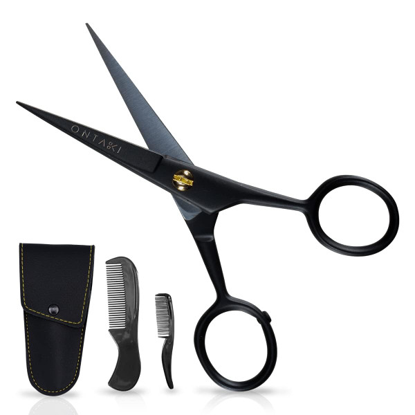 Ontaki Mustache Scissors for Men - 5-Inch, Black - German High-Carbon Steel Bevel-Edge for Precision - Beard Trimming Scissors - Includes Grooming Kit with Mustache & Beard Combs & Carrying Pouch