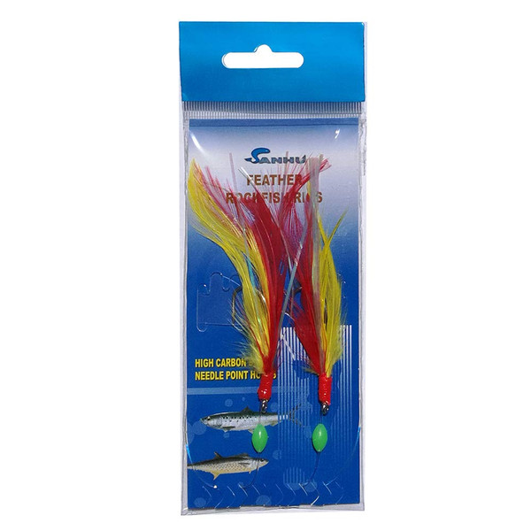 Sanhu Rock Cod Feather Rigs, Size 5/0, 12 Packs Red/Yellow for Saltwater Fishing, Ideal for Rockfish, Lingcod & Snapper