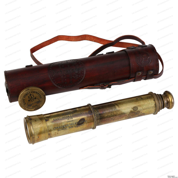 US HANDICRAFTS Handmade Vintage Brass Telescope | East India Company 1818 Tracker Spyglass Replica, 32” Antique Maritime Telescope in Hand-Stitched Leather Case | Nautical Decor, Collector’s Souvenir