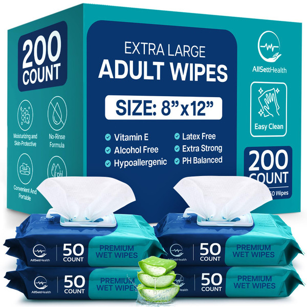 Body Wipes for Adults Bathing No Rinse - Adult Wipes for Elderly 8" x 12" (200 count) Shower No Rinse, Incontinence Disposable Washcloths, Aloe Vera, Vitamin E + 4 individual Packs Body Wipes for Adults Bathing No Rinse - Adult Wipes for Elderly 8" x 12" (200 count) Shower No Rinse, Incontinence Disposable Washcloths, Aloe Vera, Vitamin E + 4 individual Packs