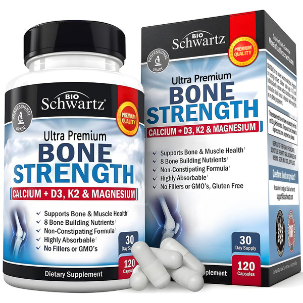 BioSchwartz Bone Strength Supplement - Gentle Non-Constipating Bone Health Supplement for Women & Men with 9-in-1 Complex with Calcium Magnesium Zinc D3 K2 & More - 3rd Party Tested - 1 Month