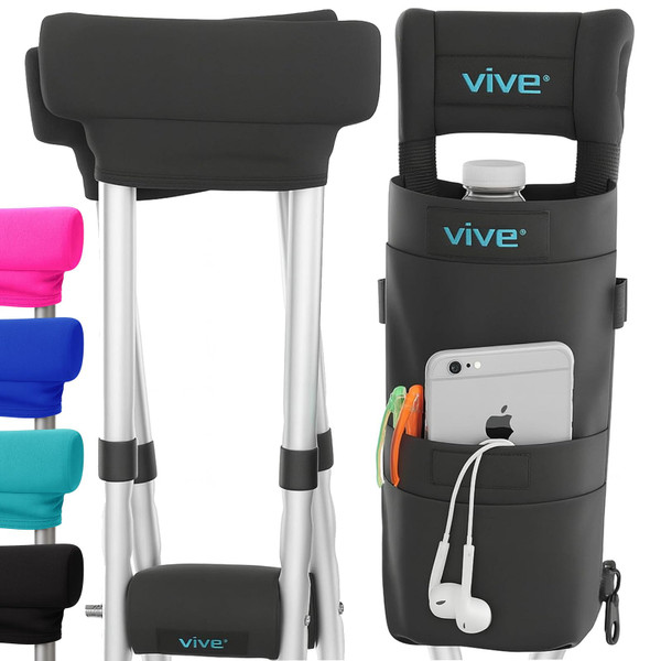 Vive Crutch Pads, Bag, & Hand Grips (5 PCS) - Crutches for Adults Armpit Padding, Hand Grips, Accessories Pouch - Soft Tips Medical Padded Handles for Kids, Men, Women - Lightweight