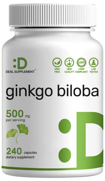 DEAL SUPPLEMENT Ginkgo Biloba 500mg Per Serving, 240 Capsules, 4 Month Supply – Grown in Northern Asia – Extra Strength, Promotes Brain Function