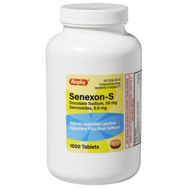 Rugby Senexon-S Natural Vegetable Laxative Plus Stool Softener - Docusate Sodium, 50 mg - Sennosides, 8.6 mg - 1000 Tablets