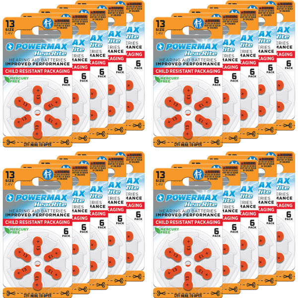 Powermax Size 13 Hearing Aid Batteries, 120 Count Long-Lasting Battery Pack, Orange Long Tab for Easy Change