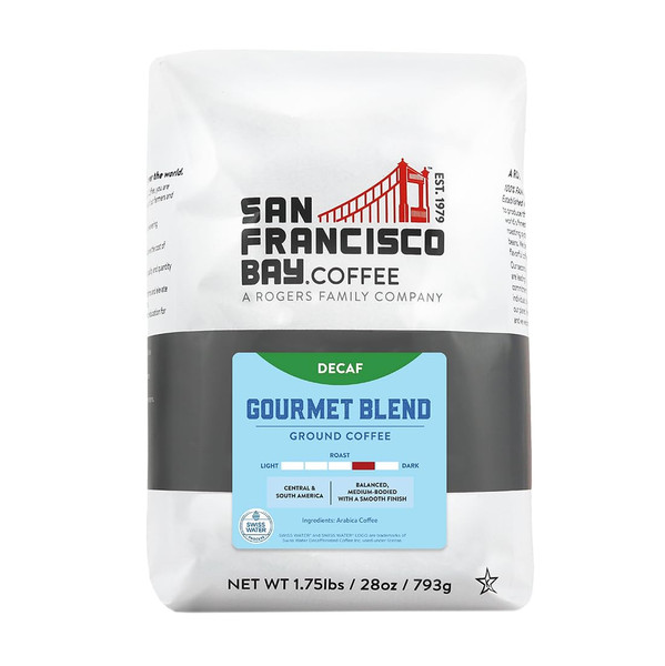 SF Bay Coffee DECAF Gourmet Blend 28 oz Bag, Ground Medium Roast, Swiss Water Process Decaffeinated SF Bay Coffee DECAF Gourmet Blend 28 oz Bag, Ground Medium Roast, Swiss Water Process Decaffeinated