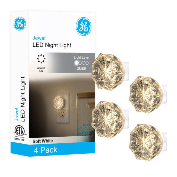 GE Jewel LED Night Light, Plug-in, Always on, Warm White, UL-Certified, Energy Efficient, Ideal Nightlight for Bedroom, Bathroom, Nursery, Hallway, Kitchen, 85094, 4 Pack
