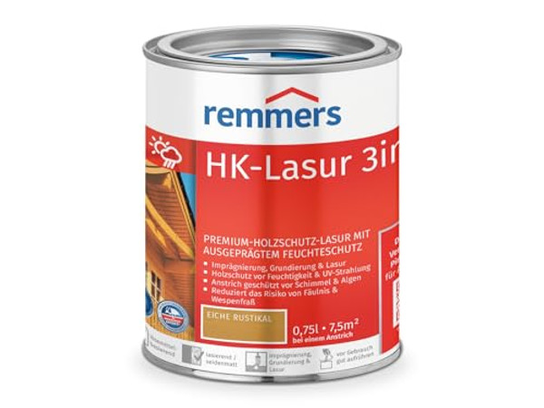 Remmers HK Stain 3-in-1 Rustic Oak 0.75 litres, Exterior Wood Stain, 3n1: Waterproofing, Primer & Varnish, Wood Protection Against Moisture and UV Radiation