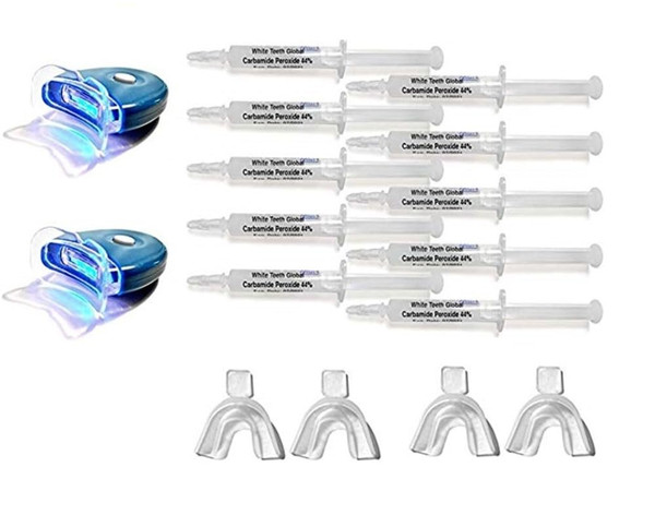 White Teeth Global 44% Carbamide Peroxide 10-3cc Syringes of Teeth Whitening Gel - (2) LED Accelerator Light - (4) Mouth Trays - (2) Shade Guide - (1) Instructions Sheet