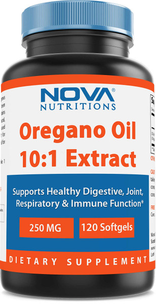 Nova Nutritions Oregano Oil 250 mg 10:1 Extract - Non-GMO & Gluten Free - Oil of Oregano Pills - Immune Support - 120 Softgels