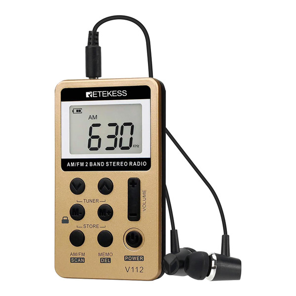 Retekess V112 AM FM Radio Portable, Mini Radio with Earphone Pocket, Digital Tuning Rechargeable Battery LCD Display for Walking Jogging(Gold)