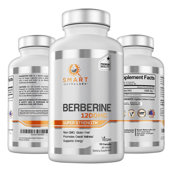 Smart Nutra Labs Premium Berberine HCL 1200mg- 120 Vegan Capsules, 100% Pure Berberine Supplement- Non-GMO, Gluten Free Smart Nutra Labs Premium Berberine HCL 1200mg- 120 Vegan Capsules, 100% Pure Berberine Supplement- Non-GMO, Gluten Free