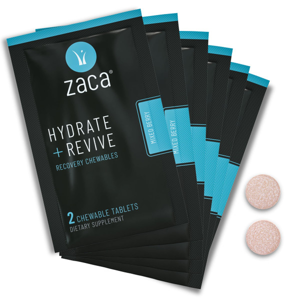 Zaca Recovery Chewable Supplement | Hydrate + Revive | Party, Travel, Exercise & Altitude | Sugar Free & Gluten Free | Mixed Berry, 6 Packets = 12 Tablets