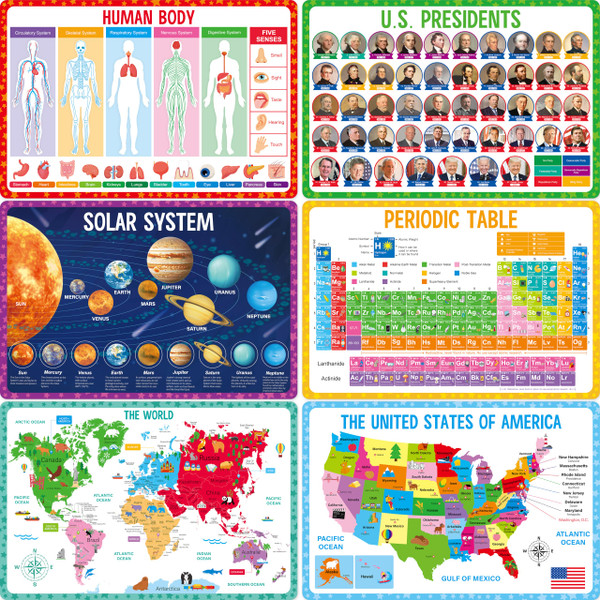 6 Pack Placemats for Kids, Non-Slip Washable, Reusable Universe, Periodic Table, US President, Human Body, Map of USA & World Educational Placemats for Home, Kindergarten, Classroom, Nursery
